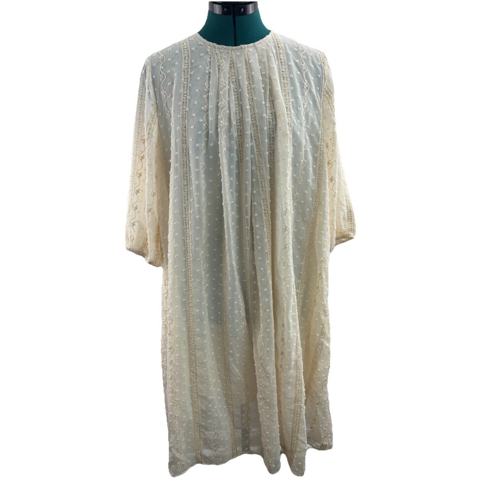 Bliss by LLCCO Cream Embroidered Sheer Tunic Dress Boho Cottagecore Size M